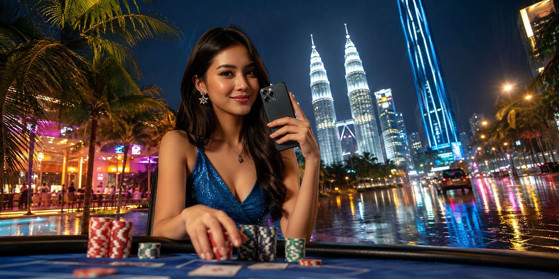 Pengguna Malaysia bermain poker dan permainan kasino dalam suasana malam Kuala Lumpur